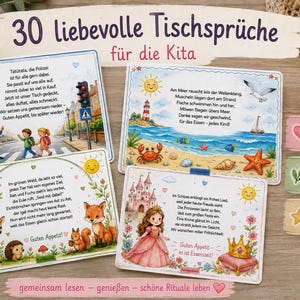 Könnte beinhalten: Vier rechteckige Karten mit farbenfrohen Illustrationen und dem deutschen Text 30 liebevolle Tischsprüche für die Kita. Die Karten zeigen eine Polizeiszene, einen Strand mit Leuchtturm, einen Wald mit Tieren und eine Prinzessin mit Schloss.
