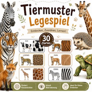 Könnte beinhalten: Ein Zuordnungsspiel mit dem Titel Tiermuster Legespiel bestehend aus 30 Karten. Das Spiel zeigt Illustrationen von Zebra, Tiger, Fuchs, Giraffe, Igel und Schildkröte sowie Quadrate mit Fellmustern von Kuh, Leopard, Giraffe, Tiger, Puma und Zebra.