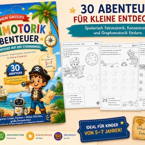 May include: A children's activity book titled Mein Grosses Feinmotorik Abenteuer featuring a pirate theme with a parrot, a pirate character, a robot, and a treasure chest on the cover, accompanied by three black and white activity worksheets.
