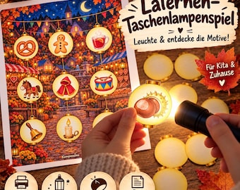 May include: A printable activity set titled Laternen-Taschenlampenspiel featuring a large illustrated scene of a town at night with hanging lanterns. The set includes 27 circular motifs, such as a pretzel, gingerbread man, and chestnut, to be illuminated by a flashlight.