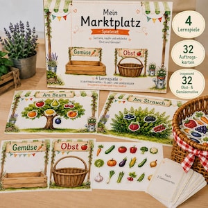 Peut inclure: Un jeu éducatif Mein Marktplatz comprenant une grande boîte illustrée de stands de marché, de fruits et de légumes. Il inclut des plateaux de jeu avec des arbres et des buissons, des cartes de produits découpées et un panier en osier à carreaux.