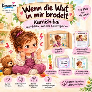 Könnte beinhalten: Ein Kamishibai-Erzählset mit dem Titel "Wenn die Wut in mir brodelt", bestehend aus einem Kind mit wütendem Gesichtsausdruck, einem Holzrahmen, 10 Bildkarten, 8 Gesprächskarten, 6 Strategiekarten und einem Wutthermometer mit 5 Stufen.