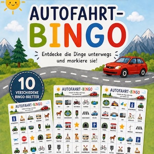 Op de afbeelding: Een Kompassino Autofahrt-Bingo spelset met 10 bingokaarten voor autoritten. De kleurrijke kaarten tonen diverse iconen zoals voertuigen, dieren en verkeersborden met Duitse tekstlabels. Het ontwerp bevat een rode auto en bergen.