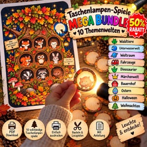 May include: A flashlight game bundle featuring a large poster with a forest tree and animal illustrations, circular game tokens, and a list of ten themes including forest animals, space, and vehicles, with text in German and PDF download icons.
