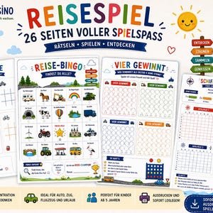 Könnte beinhalten: Ein Reisespiel-Heft mit 26 Seiten voller Spiele wie Tic Tac Toe, Reise-Bingo, Vier Gewinnt und Schiffe versenken. Die Seiten enthalten bunte Illustrationen von Fahrzeugen, Tieren und Landschaften sowie Anleitungen und Texte in deutscher Sprache.