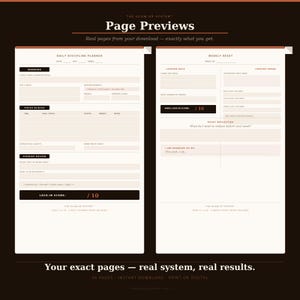 May include: A digital planner template featuring two distinct page layouts titled Daily Discipline Planner and Weekly Reset. The pages include sections for tasks, focus blocks, energy tracking, and lock-in scores, all presented in a clean, structured format.