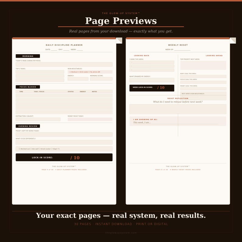 May include: A digital planner template featuring two distinct page layouts titled Daily Discipline Planner and Weekly Reset. The pages include sections for tasks, focus blocks, energy tracking, and lock-in scores, all presented in a clean, structured format.