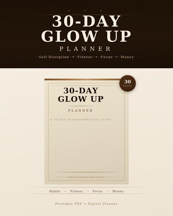 30-Day Glow Up Planner Printable Bundle | Self Discipline Habit Tracker | Fitness Focus Money PDF Digital Planner