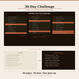 May include: A 30-day challenge planner titled The Glow-Up System. It features a daily task grid with 30 numbered entries, some highlighted in orange. Below, a comparison chart shows a list of habits before and after the 30-day period.