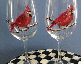 Set of 2 Red Bird Glasses Cardinal Glasses Holiday Decor Christmas Glasses Red Cardinal Wine Glasses