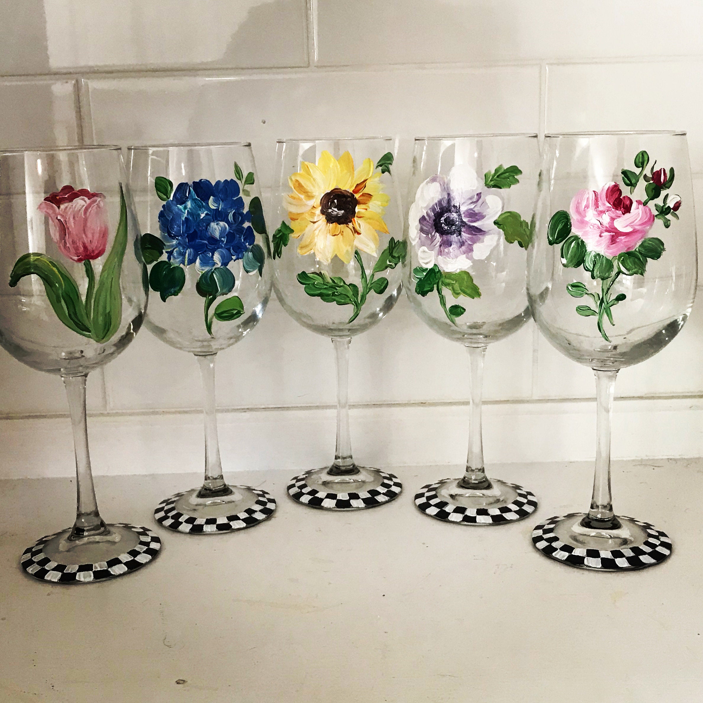 Hand Painted Flower Wine Glasses 