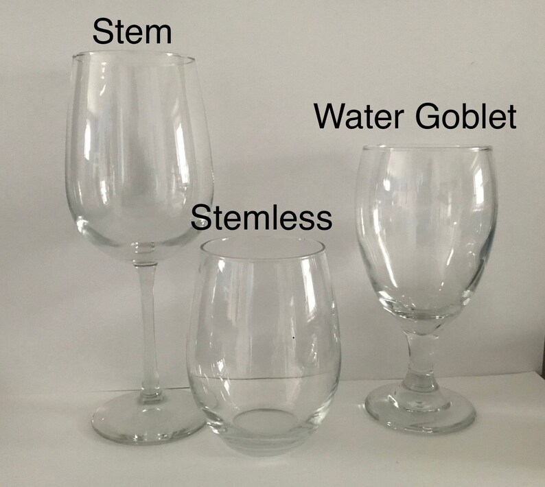 May include: Three clear glass wine glasses: a stemmed wine glass labeled "Stem", a stemless wine glass labeled "Stemless", and a water goblet labeled "Water Goblet".