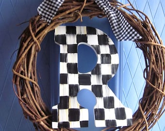 Hand Painted Wooden Letters, Black and White Checked Initials