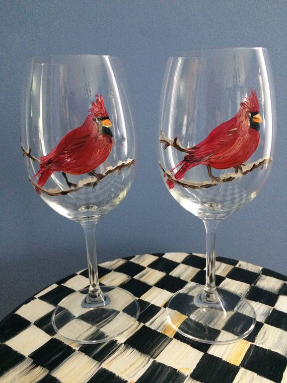 Holiday Cardinal Wine Glasses 15 oz stemmed and 15 oz stemless Hand Painted