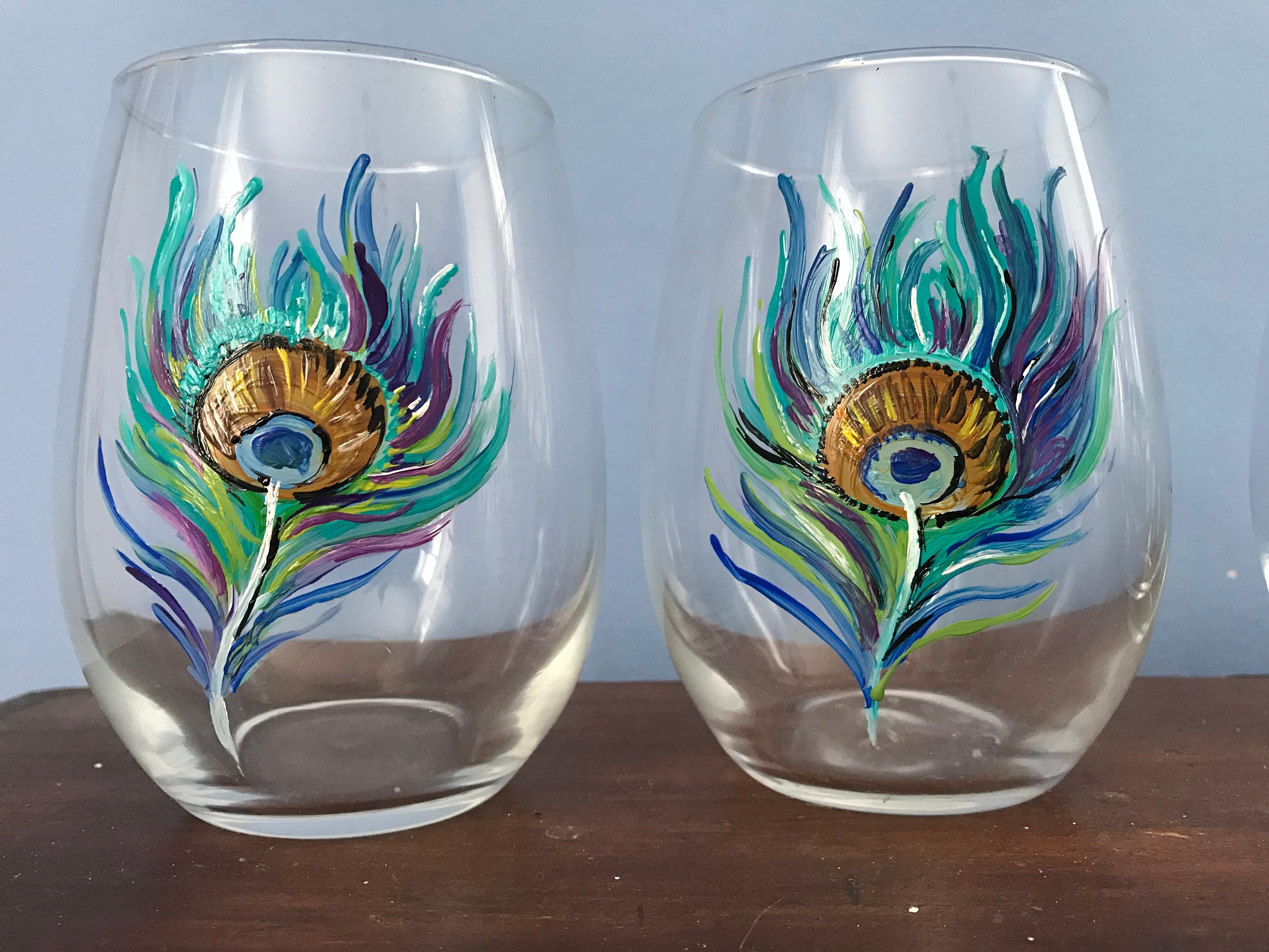 Peacock Feathers Hand Painted Stemless/ Stem Wine Glass/ Water Goblet -   Norway