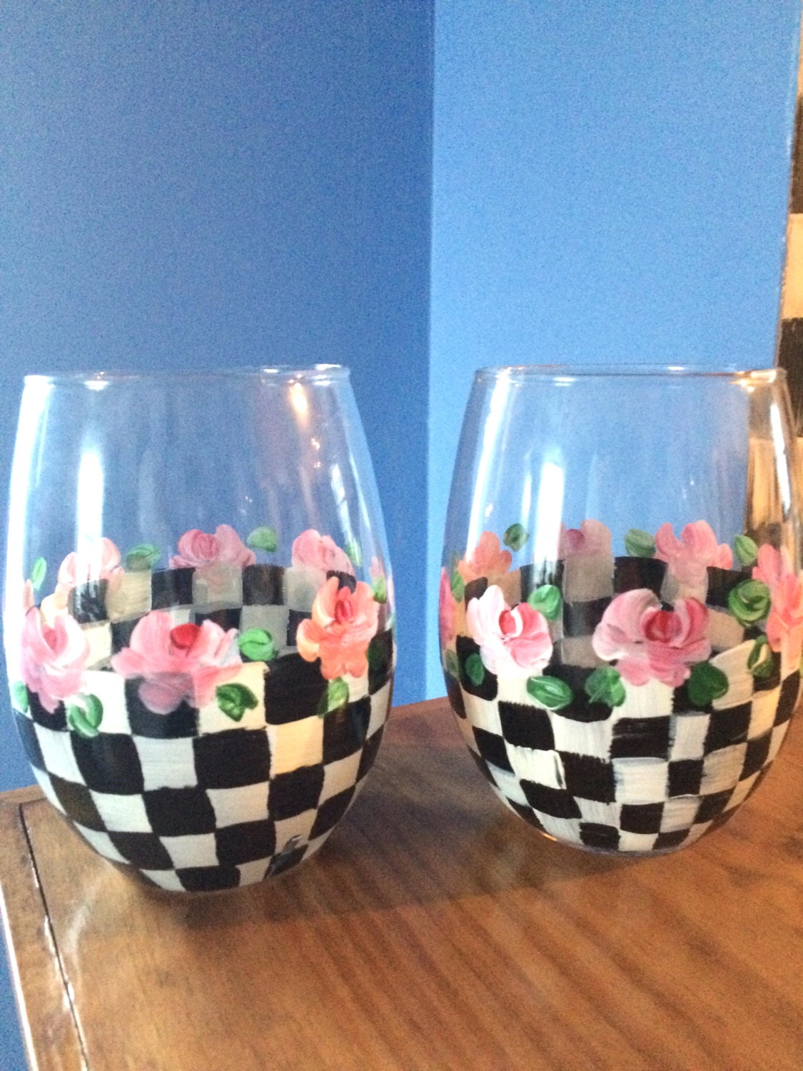 Hand Painted Black and White With Roses Wine Glass - Etsy