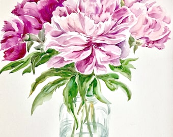 Original Peony Watercolor 18x24/ Floral Artwork
