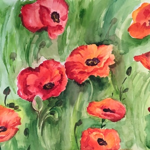 Original Watercolor Field of Poppies