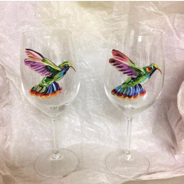 Hand Painted Glass/ Hummingbird/ Wine Glass/ Water Goblet