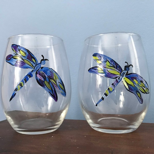Hand Painted Dragon Fly Glass/ WIne / Water Goblet