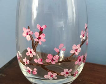 Hand Painted Wine Glass/ Water Goblet/ Cherry Blossom