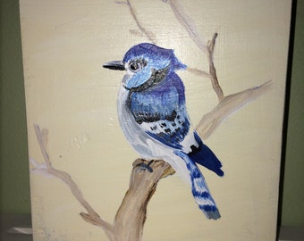 Hand Painted Wooden Block/ Blue Jay