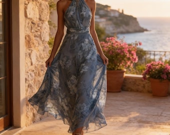 Floral Halter Maxi Dress Women, Backless Chiffon Summer Dress, Boho Wedding Guest Dress, Flowy Vacation Dress, Resort Wear Gown