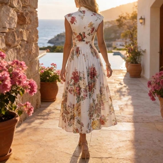 boho chic summer boho wedding guest dress Floral Satin Midi Women – Dress, Elegant Dress, Vintage Inspired Vacation Outfit, Sleeveless Party Dress Fit:Regular Fit Parker Seamed Linen Blend Ethnic Beach Dress summer outings
