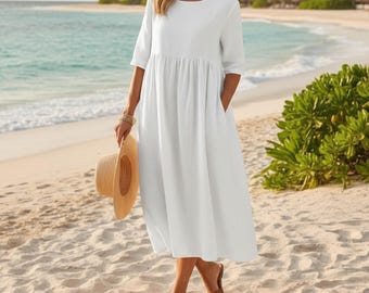 Maxikleid aus Baumwollleinen für Damen – Lockeres Sommerkleid, lässiges Oversize-Sommerkleid, Cottagecore-Urlaubsoutfit, fließende Strandmode