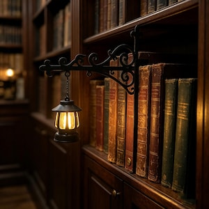 May include: A black metal wall-mounted bracket with ornate scrollwork supports a small, hanging lantern. The lantern features a dark frame with clear panels and emits a warm, glowing light, suspended by a short chain from the decorative arm.