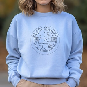 Camping Sweatshirt, Hiking Shirt, Camping Top, Nature lover, Crew Neck Sweater, Wildlife Tee, Outdoor Adventure, camping clothes Light Blue