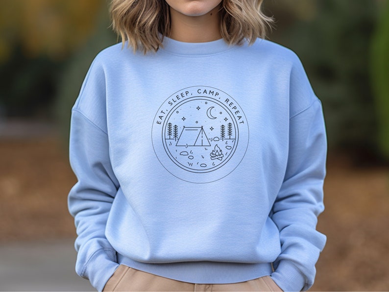 Camping Sweatshirt, Hiking Shirt, Camping Top, Nature lover, Crew Neck Sweater, Wildlife Tee, Outdoor Adventure, camping clothes Light Blue
