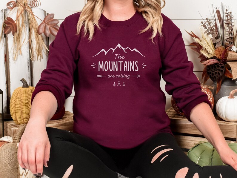 Mountain Sweatshirt, Hiking Shirt, Camping Top, Nature lover, Crew Neck Sweater, Wildlife Tee, Outdoor Adventure Maroon