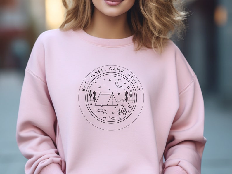 Camping Sweatshirt, Hiking Shirt, Camping Top, Nature lover, Crew Neck Sweater, Wildlife Tee, Outdoor Adventure, camping clothes Light Pink