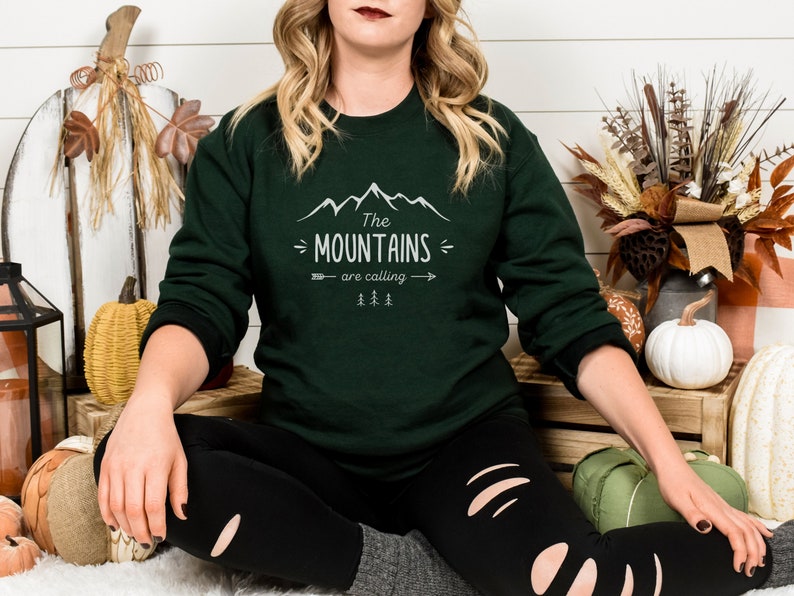 Mountain Sweatshirt, Hiking Shirt, Camping Top, Nature lover, Crew Neck Sweater, Wildlife Tee, Outdoor Adventure Forest Green