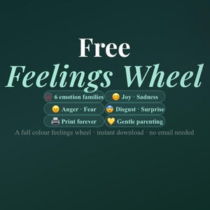 May include: A dark green digital graphic titled Free Feelings Wheel. It lists six emotion families including Joy, Sadness, Anger, Fear, Disgust, and Surprise. The text includes JOMAMAPRINTABLES, Print forever, Gentle parenting, and DOWNLOAD NOW.