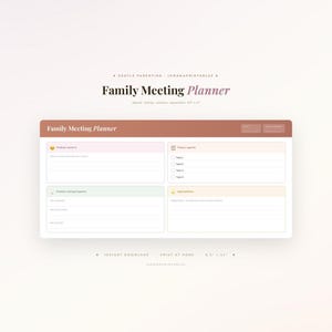 Może przedstawiać: Dokument do druku Family Meeting Planner o wymiarach 21,59 x 27,94 cm. Układ zawiera nagłówek w kolorze terakoty z sekcjami Feelings check-in, Today's agenda, Problem solving together oraz Appreciations z liniami do wpisywania notatek.