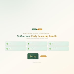 May include: A digital early learning bundle featuring bilingual educational templates in German and English. The layout includes six rectangular sections labeled Shapes, Seasons, Opposites, My Body, Telling Time, and Weather Chart, with a dark green box displaying the price of $14.97.