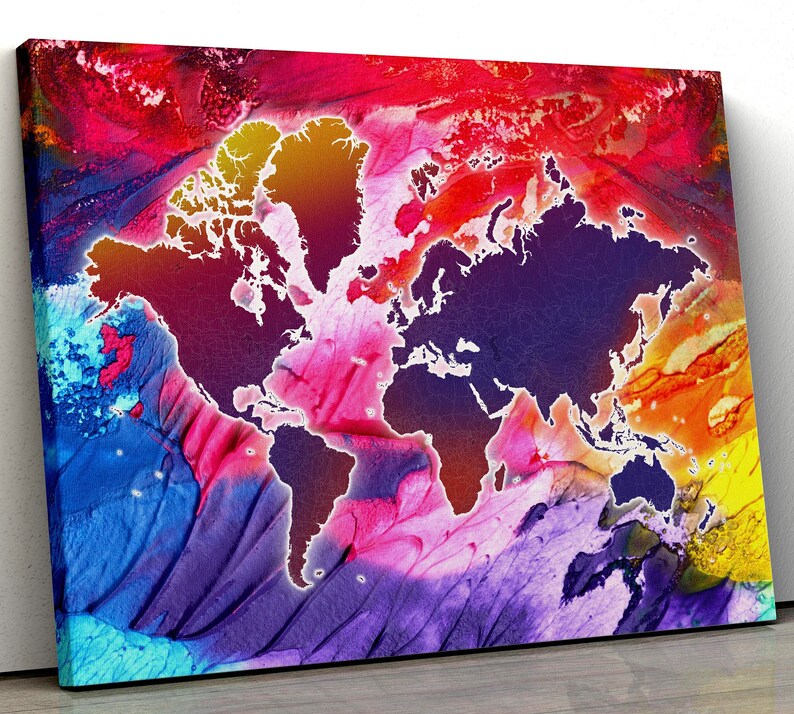 Colorful World Map Canvas Watercolor World Map Rainbow World Etsy