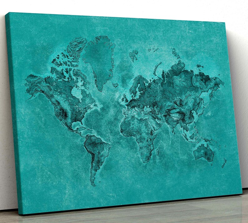 Turquoise World Map Canvas Turquoise Map Turquoise Pastel Etsy