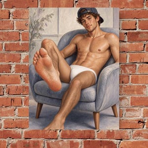 May include: A digital painting of a person with brown hair wearing a blue baseball cap and white briefs, sitting in a light blue armchair with one foot extended forward. The person has a muscular build and is positioned against a light-colored wall.