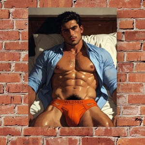 May include: A person with a muscular build wearing an unbuttoned light blue collared shirt and bright orange briefs. The briefs feature a prominent waistband with the text WILD MEN printed in black letters across the front center.