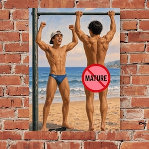 May include: A poster featuring two muscular figures at a beach. One figure wears a white baseball cap and blue swim briefs, arms raised in celebration. The other figure is seen from the back, arms raised holding a horizontal bar. A red circle with the text MATURE covers the lower portion of the second figure.