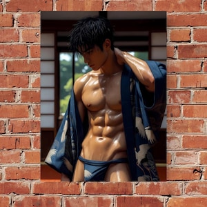 Japanese Kimono Male Fine Art Print, Muscular Asian Guy Kimono Wall Decor, Crane Pattern Robe Poster, Pensive Anime Style Male Portrait