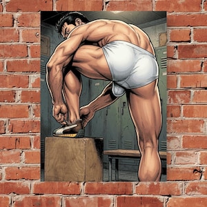 May include: A digital illustration of a muscular figure in white briefs, crouching on a wooden block to tie a brown and white sneaker. The background features a locker room with green metal lockers and a wooden bench, rendered in a comic book style.