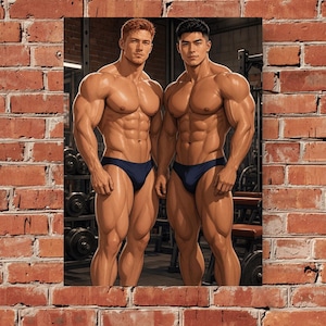 May include: A poster featuring two muscular individuals with defined physiques standing side by side in a gym setting. Both figures are wearing dark blue briefs. The image is displayed against a textured red brick wall background.