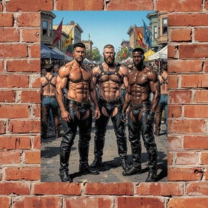 May include: A poster featuring three muscular individuals standing in a street fair. They are wearing black leather chaps, belts, and boots. The central figure wears a leather chest harness. The background shows colorful flags and street stalls.