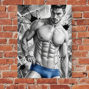 Può includere: Un'illustrazione artistica in bianco e nero di una persona muscolosa con torso e braccia definiti, che indossa biancheria intima blu tinta unita. Lo sfondo presenta un design grafico dinamico con schizzi di inchiostro nero.