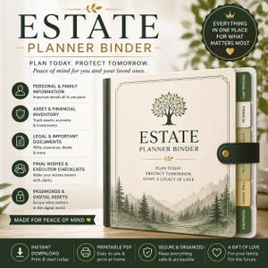 May include: An estate planner binder with a cream-colored cover featuring a green tree illustration, mountain landscape, and the text "ESTATE PLANNER BINDER. PLAN TODAY. PROTECT TOMORROW. LEAVE A LEGACY OF LOVE." It includes labeled tabs for organization.