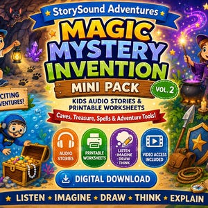 May include: A digital download titled StorySound Adventures Magic Mystery Invention Mini Pack Vol. 2 featuring kids audio stories and printable worksheets. The graphic includes illustrations of a cave explorer, a scuba diver, and a witch with a cat.